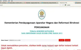 PENGUMUMAN CPNS 2013 : Inilah Nama-Nama Instansi CPNS K2 yang Telah Diumumkan di Cpns.menpan.go.id