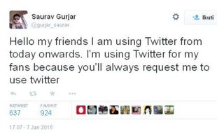 BOLLYWOOD : Baru Sehari Bikin Twitter, Pengikut Saurav Gurjar Capai 5.628 Orang 