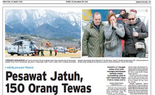 SOLOPOS HARI INI : Pesawat Germanwings Jatuh, 150 Orang Tewas