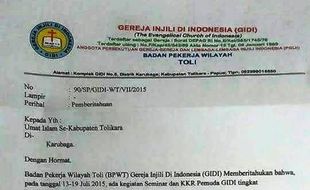 MASJID DI PAPUA DIBAKAR : Beredar Surat Larangan Perayaan Idul Fitri dan Pakai Jilbab dari Gereja Toli