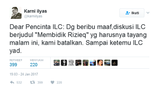 Karni Ilyas Umumkan ILC "Membidik Rizieq" Batal Tayang, Kenapa?