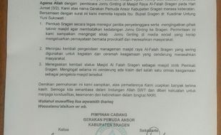 GP Ansor Minta Acara Jonru di Masjid Al Falah Sragen Dibatalkan