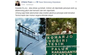 LALU LINTAS SUKOHARJO : Netizen Laporkan Papan Penunjuk Arah di Bekonang Jatuh