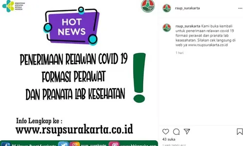 RSUP Surakarta Juga Buka Penerimaan Relawan Covid-19, Ini Syaratnya