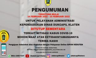 Pelayanan Disdukcapil Klaten Ditutup 2 Hari, Online Jalan Terus