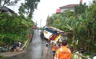 Tak Kuat Nanjak, Bus Rombongan TPA Terperosok ke Kebun Di Ngargoyoso