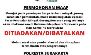 Pengumuman! Operasi Pasar Minyak Goreng di Mapolresta Solo Batal