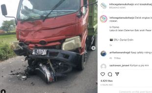 Truk Vs Sepeda Motor di Jalan Gawok Sukoharjo, 1 Orang Cedera Kepala