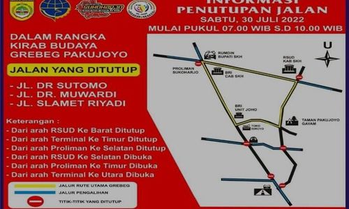 Grebeg Pakujoyo, Dishub Sukoharjo Tutup 3 Jalur Utama Sejak Sabtu Pagi