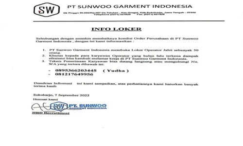 Loker Sukoharjo! Pesanan Bertambah, PT Sunwoo Garment Butuh Operator Jahit