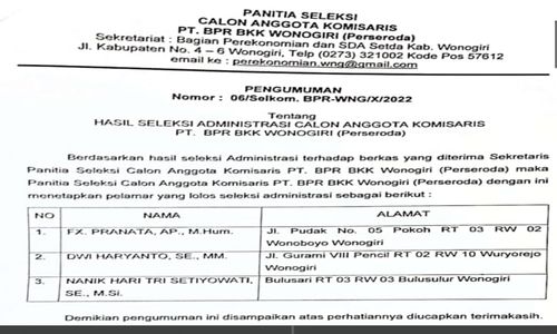 3 Orang Ini Lolos Seleksi Administrasi Calon Komisaris PT BPR BKK Wonogiri