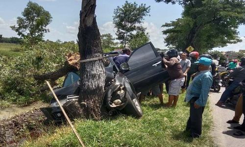 Tabrak Pohon di Jalan Raya Nguter-Sukoharjo, Pajero Ringsek