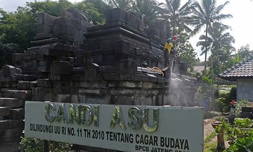 Pembersihan Candi Asu di Magelang Terdampak Abu Vulkanis Gunung Merapi