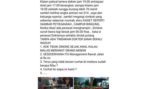 Viral Curhatan Warga Klaten soal Layanan RS, Dokter Pergi padahal Pasien Antre