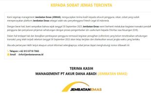 Resmi Tutup, Pinjol Jembatan Emas Kembalikan Izin Usaha ke OJK