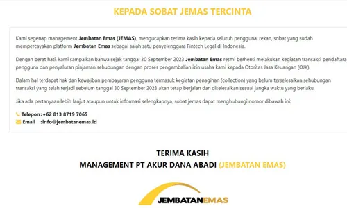 Resmi Tutup, Pinjol Jembatan Emas Kembalikan Izin Usaha ke OJK