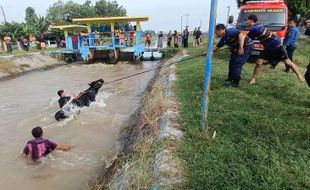 Damkar Sragen Evakuasi Sapi Limosin Betina yang Tercebur di Dam Colo Timur