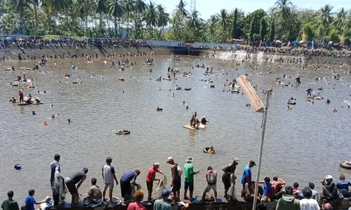 Seru! Ribuan Orang Berburu Ikan saat Kolam PLTA Jelok-Timo Semarang Dikuras