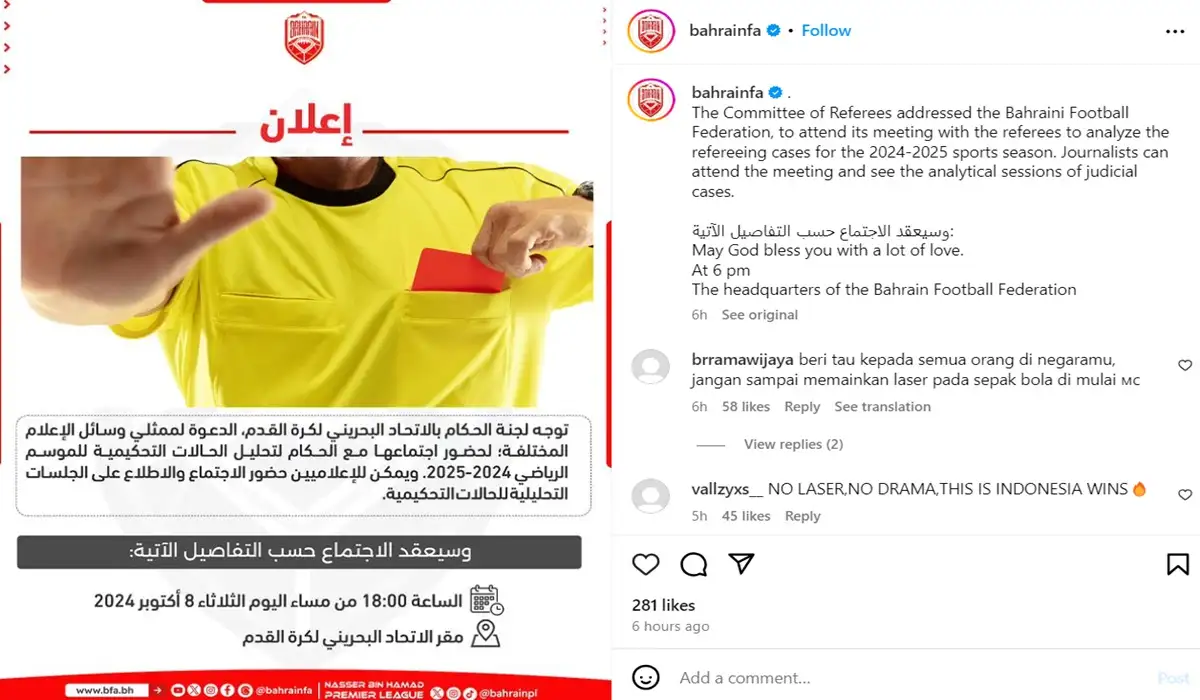 Netizen Indonesia Serbu Instagram Bahrain, Ingatkan Suporter Tidak Gunakan Laser