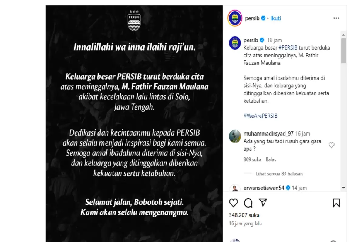 Persib Bandung: Fathir Fauzan Bobotoh Sejati, Kami akan Selalu Mengenangmu