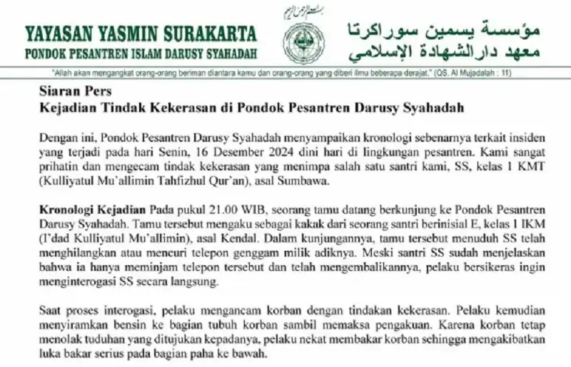 Pernyataan Resmi Ponpes Darusy Syahadah Boyolali Kecam Pembakaran Santri