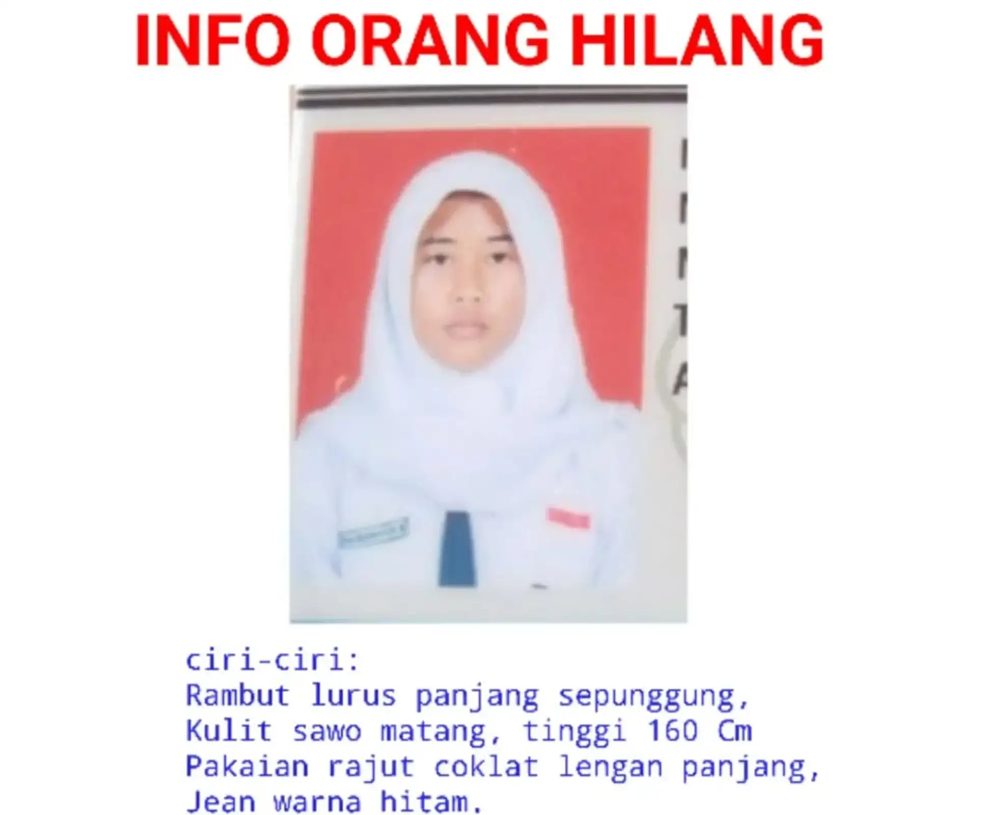 Dicari! Gadis asal Mranggen Jatinom Klaten Dilaporkan Sudah 3 Hari Hilang