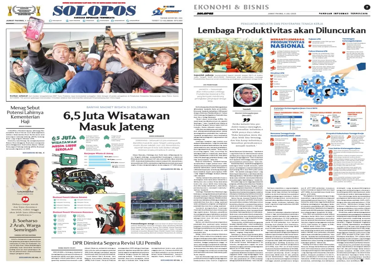 Solopos Hari Ini : 6,5 Juta Wisatawan Masuk Jateng