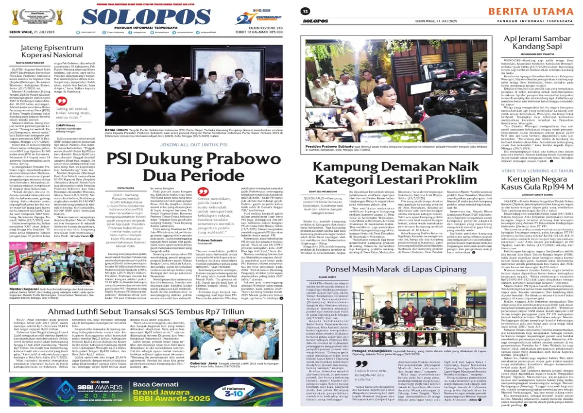Solopos Hari Ini : PSI Dukung Prabowo Dua Periode
