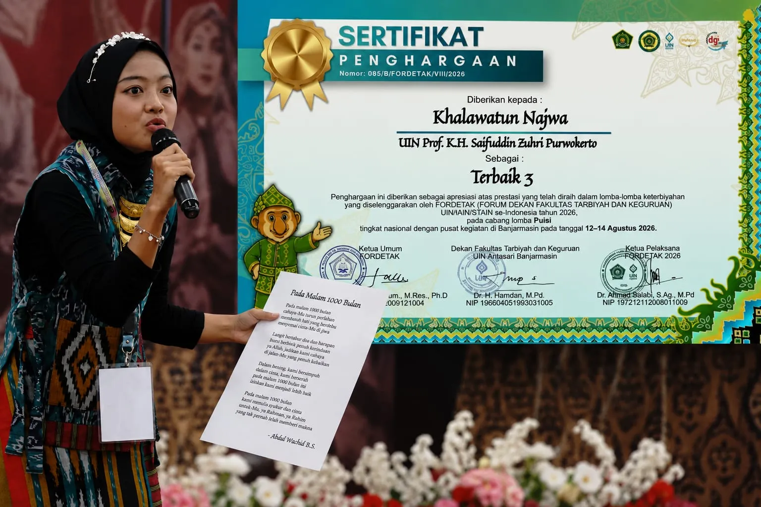 Bawakan Puisi Karya Abdul Wachid BS, Mahasiswi FTIK UIN Saizu Raih Terbaik 3