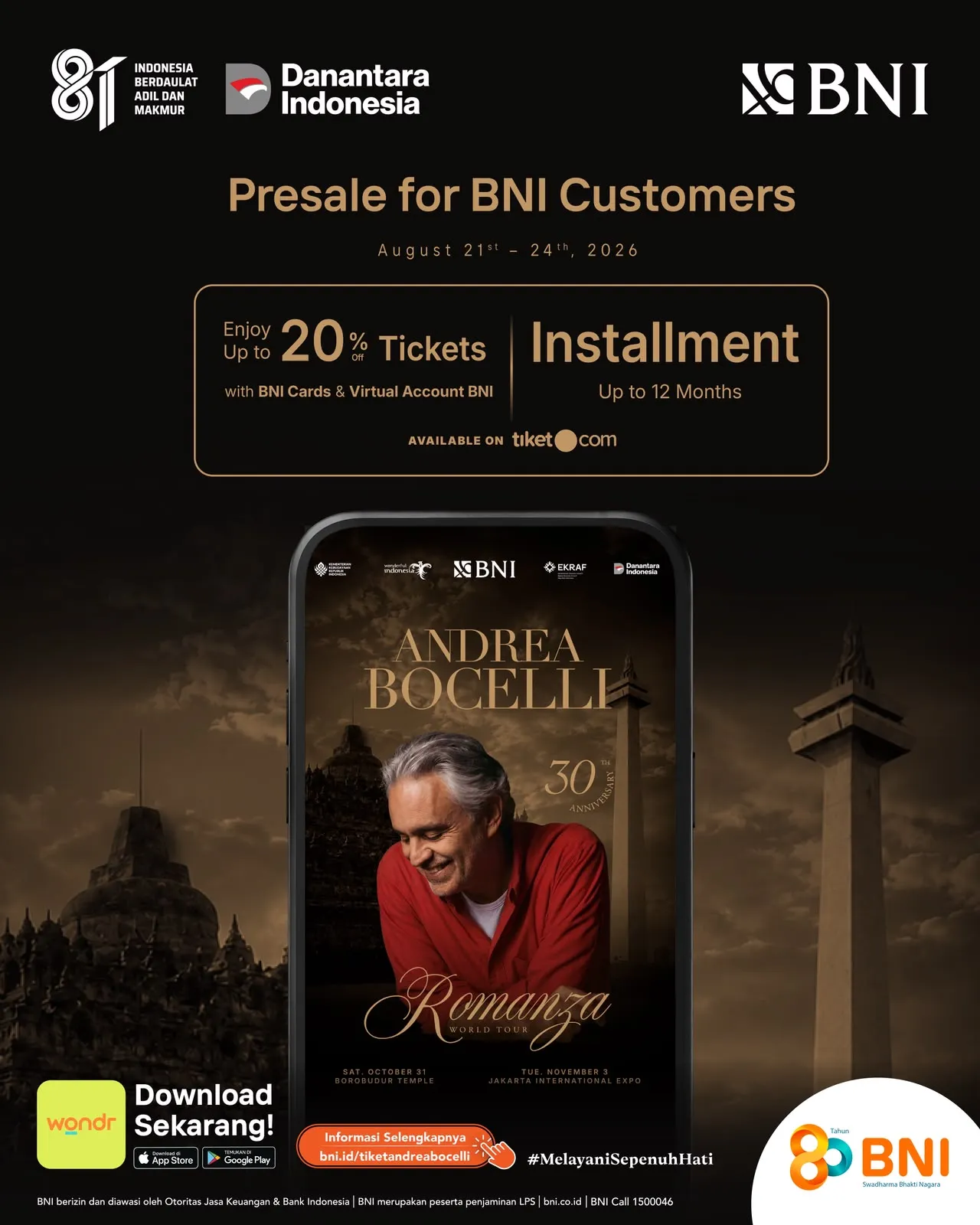BNI Hadirkan Akses Eksklusif Menikmati Andrea Bocelli Romanza di Indonesia